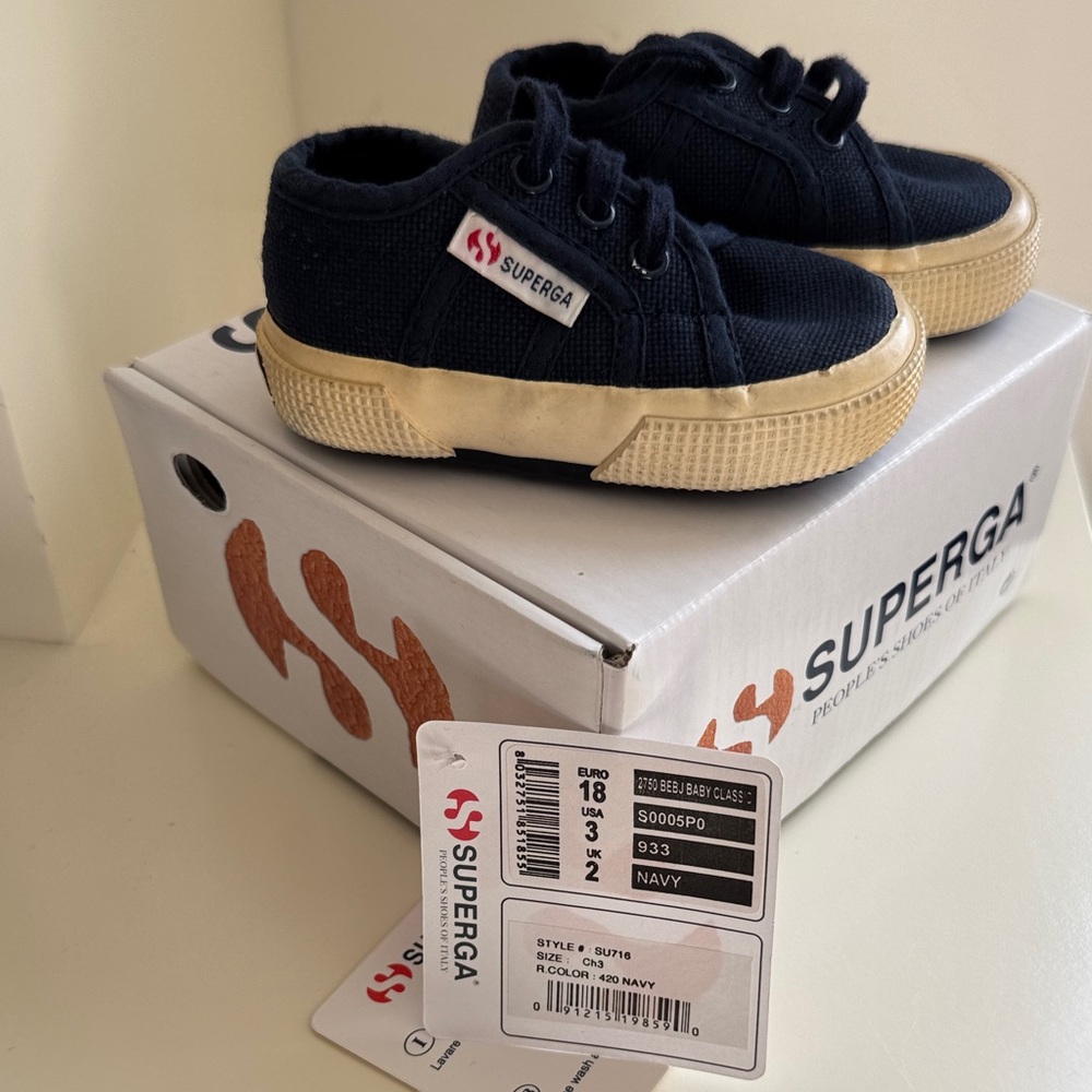Superga Baby / Kids Navy Blue Sneakers with Cream Soles